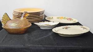 lot 100 image: Vintage Plates (7), Iridescent Chicken Covered Serving Dish, VTG Limoges, Lohengrin & Shenandoah Ware Serving Dishes