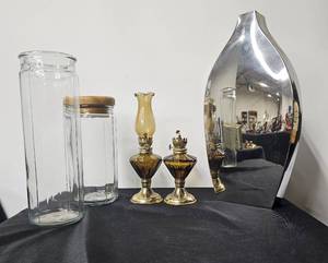 lot 102 image: Hurricane Lamps, Chrome Vase and Glass Jars