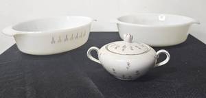 lot 108 image: Vintage Fire King and Anchor Hocking Dishes and Harmony House Sugar Bowl