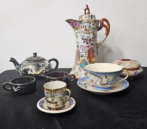 lot 110 image: Various VTG Teapots and Cups & 1 Hair Catcher Includes 1 Japan Wales Hand Painted China Coffee Cup