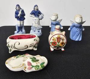 lot 113 image: 2 Occupied Japan Figurines, 2 Porcelain Angels, Jewelry Dish, Perfume Bottle