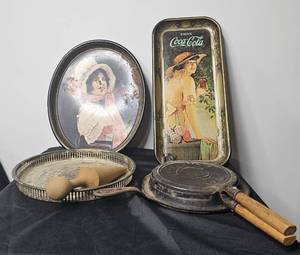 lot 74 image: VTG Design Coca Cola Trays and Scandinavian Krumkake Iron w Wooden Handles in 3 Pieces & Antique Solid Wooden Bulb Planter