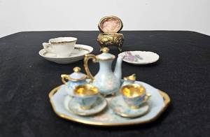 lot 115 image: Designed by Regina Doll Size Miniature China and Tea Set, Japan 2.5 Plate & Coffee Cup, Imperial Crown China Austria 3.5 Plate