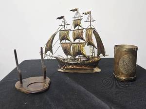lot 117 image: Copper Mug, Ship w Music Box Base, Misc. Wooden Horns Stand