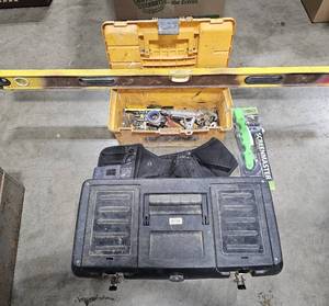 lot 123 image: 2 Tool Boxes, Level and Holsters