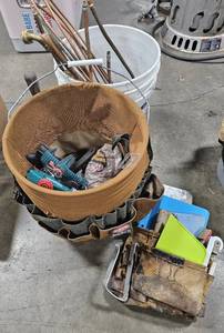 lot 125 image: Bucket of Tools, Tool Pouch, Copper Piping