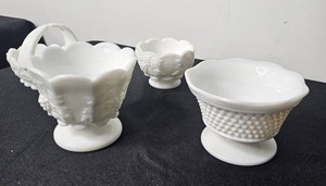 lot 140 image: Westmoreland Milk Glass Paneled Grape Footed Small 2.5t & Medium 4t Jardinieres, Basket and American Hobnail Milk Glass 3.5t Bowl