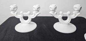 lot 142 image: Pair of Westmoreland Milk Glass Candle Holders That Reverse Into Footed Bowls 4T & Pair of Indiana Glass Milk Double Candlesticks