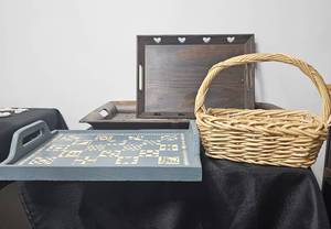 lot 143 image: 3 Wooden Trays and 1 Small Basket with Handle
