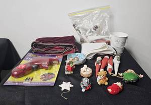 lot 151 image: Burgundy Christmas Table Runner, Christmas Light Fixer Tool, Various Figurine Ornaments