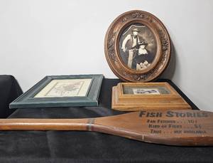 lot 153 image: Fish Stories Paddles, Floral Print in Green Frame, Oval B & W Replica of Western Couple, Trio of Ducks Print in Wooden Frame
