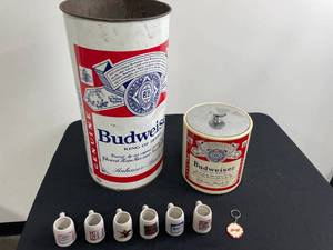 lot 164 image: Budweiser Collectibles, Mini Budweiser Beer Steins, Tall Budweiser Bin, Budweiser Jar with Lid, Budweiser Keychain
