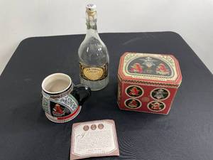 lot 170 image: Budweiser Collectible Mug and Tin, VTG Jack Daniels Bottle with Stopper
