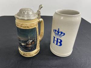 lot 171 image: 2 VTG Large Beer Steins (one with lid)