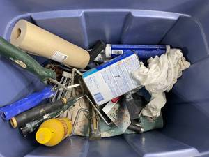 lot 184 image: Large Tote of Misc. Painting Supplies, Painting Handles, etc.