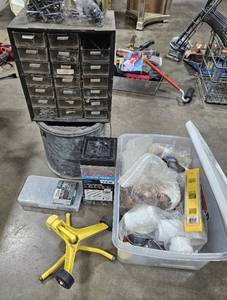 lot 187 image: Various Nails and Screws in Organizer, Copper and PVC Adapters, Bait Bucket and Garden Sprinkler
