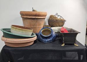 lot 195 image: Large Terra Cotta Planter, Blue Jar Planter, and Many Other Various Pots and Planters