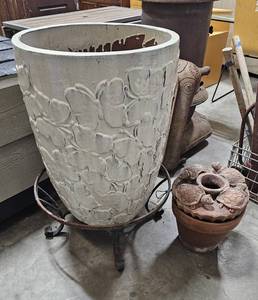 lot 203 image: Large (3ft tall) Painted Terra Cotta Planter and Medium Turtle Planter