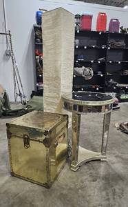lot 235 image: Floor Lamp 58, Trunk, and 28 Mirrored Side Table