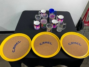 lot 256 image: Assortment of Camel Logo Plastic Mugs and 3 Serving Trays