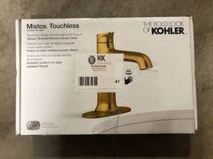 lot 41 image: KOHLER Mistos Battery Powered Touchless Single Hole Bathroom Faucet in Vibrant Brushed Moderne Brass Customer Returns See Pictures