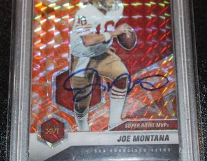 lot 2 image: 2021 Mosaic Orange Reactive Prizm Joe Montana #291 On Card Autograph PSADNA COA