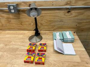 lot 94 image: Lot of Miscellaneous Items- Lamp, Notebooks and Crayons