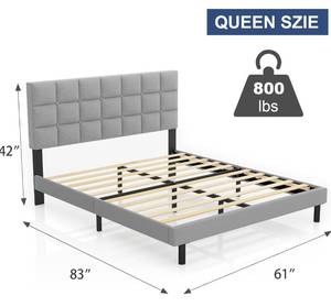 lot 96 image: Molblly Queen Bed Frame Upholstered Platform with Headboard and Strong Wooden Slats,Non-Slip and Noise-Free,No Box Spring Needed, Easy Assembly,Light Gray