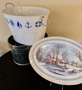 lot 129 image: Assortment of Silver and Nautical Buckets with a Winter Scene Platter