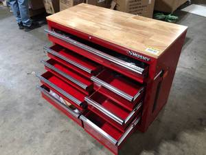 Husky 42 in. W x 18.1 in. D 8-Drawer Red Mobile Workbench Cabinet with Solid Wood Top Customer Returns See Pictures