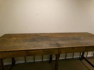 lot 1 image: Beautiful Oak Antique PostalBankers Table w 4 drawers. Top piece detaches,  103 x 36 x 42.5  Heavy, Bring Help
