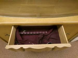 lot 2 image: Mid Century Hutch... Blonde in Color w Silver top drawer 34 x 15 x 63.5. Good condition, needs a little cleaning. Has Shelves located inside.