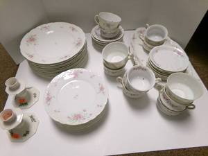 lot 78 image: Antique Set of Dishes, pink floral ...