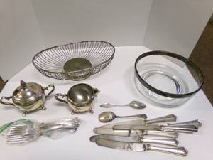 lot 79 image: Lot of silver cream and sugar, bowl...