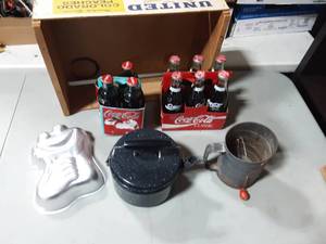 lot 3 image: Peach Crate, Coke Bottles, Enamel Kettle, Old Sifter, Cake Pan