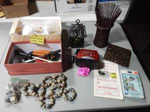 lot 9 image: Lot Of Utensils, Candle Holders, Sony Clock, Trivet, Cutting Board, More