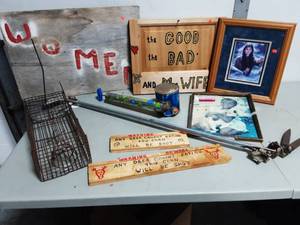 lot 11 image: Vintage Craftsman Grass Trimmer, Hudson Sprayer, Wire Mouse Trap, Misc Pictures & Signs