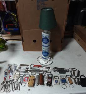 lot 16 image: Beer Can Lamp & Assorted Bottle Openers