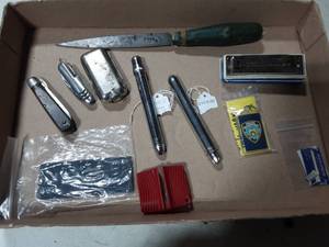 lot 36 image: Harmonica, Pocket Knives, Vintage Flash Lights, Sharpening Stone & More