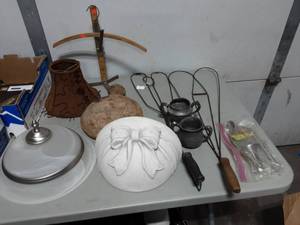 lot 51 image: Rug Beaters, Seamstress Hem Tool, Pottery, Lamp Shades, Misc.