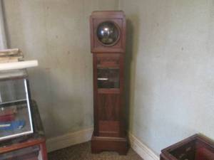 (DLR) Vintage Upright Standing Wood Floor Clock Case - No Inside Mechanicals - Glass Intact - Upper and Lower Sections Lock Includes Key 70 Tall