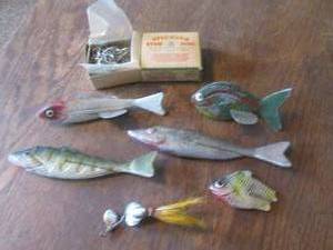 (DLR) Vintage Metal Fish Decoys, Box of Hooks and Lure