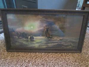 (DLR) Vintage Framed Boat Scene Print by  Walker  26 12 x 14 12