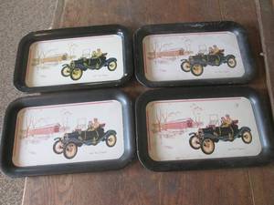(DLR) 4 Vintage 1910 Ford Torpedo  Bridge Scene Tin Trays 14 14 x 9