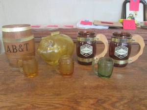 (DLR) 2 Vintage Grain Belt Glass Mugs with Wood Handles, 3 Glass Barrel Shot Glasses, Glass Piggy Bank and Wood Barrel Coin Bank
