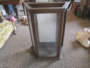 (DLR) Vintage Display Case, Wood, Glass FrontSides (1 Side Glass Missing), Rear Entry Door, Loose Trim, Project Piece, As-Is, 32H x 25.515.25W x 12.75D, No Shelves.