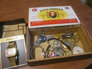 (K) Assorted Vintage Watches in Vintage Cigar Box