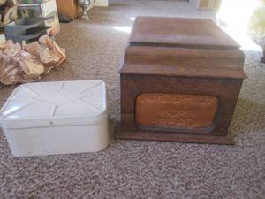 (DLR) Vintage Metal Bread Box and Vintage Wood Record Player Case Turned Into Large Bread Box
