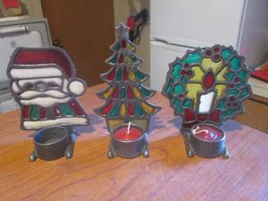 (LR) 3 Vintage Metal Candle Holders - Santa Is Missing Candle - Tree Is 7 14 Tall