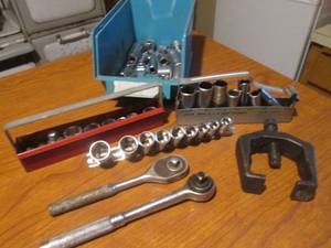 (LR) Plastic Bin Full of Assorted Sockets and Socket Wrenches Etc
